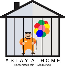 Stay at home awareness concept, a man and balloons stay at home, flat vector illustration. Covid-19 or Coranavirus hashtag.