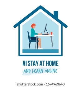 I stay at home awareness social media campaign and coronavirus prevention: woman working with her computer and learning online