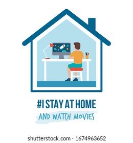 I stay at home awareness social media campaign and coronavirus prevention: kid connecting with his computer and watching sci-fi videos