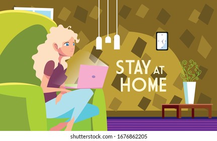 stay at home awareness social media campaign and coronavirus prevention: woman connecting with her laptop vector illustration design