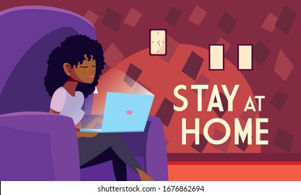stay at home awareness social media campaign and coronavirus prevention, woman in the living room