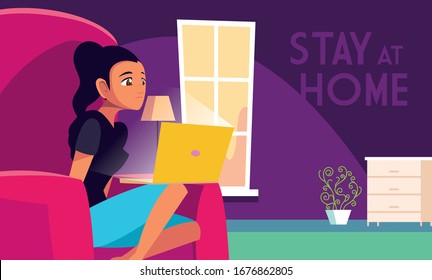 stay at home awareness social media campaign and coronavirus prevention: woman connecting with her laptop vector illustration design