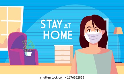 stay at home awareness social media campaign and coronavirus prevention, woman in the living room vector illustration design
