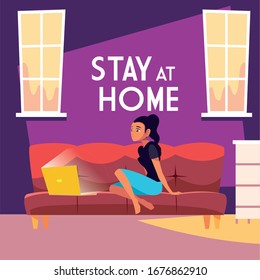 stay at home awareness social media campaign and coronavirus prevention: woman connecting with her laptop vector illustration design