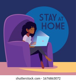 stay at home awareness social media campaign and coronavirus prevention: woman connecting with her laptop vector illustration design