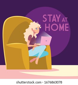 stay at home awareness social media campaign and coronavirus prevention: woman connecting with her laptop vector illustration design