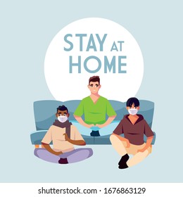 stay at home awareness social media campaign and coronavirus prevention: men sitting on the sofa vector illustration design