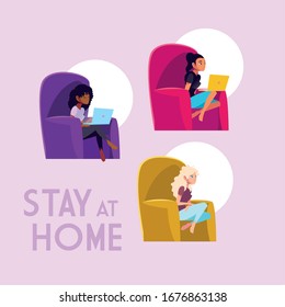 stay at home awareness social media campaign and coronavirus prevention: women connecting with her laptop