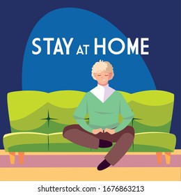 stay at home awareness social media campaign and coronavirus prevention: man sitting on the sofa vector illustration design