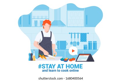 Stay At Home Awareness Social Media Campaign And Coronavirus Prevention. Young Man Learning Cook Online At Home. Vector Illustration