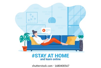 Stay At Home Awareness Social Media Campaign And Coronavirus Prevention. Young Woman Learning Online At Home. Vector Illustration