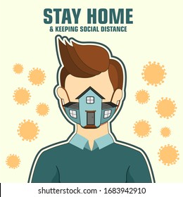 stay home awareness social media campaign and  keeping social distance coronavirus prevention. a man with house mask icon concept to fight many corona virus attack isolatd on background.