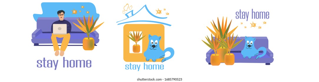 I stay at home awareness social media campaign and coronavirus prevention man cat is home alone