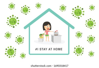 I stay at home awareness social media campaign and coronavirus prevention. Female cooking healthy. Stay at home during the coronavirus epidemic Vector illustration. COVID-19 or coronavirus concept.