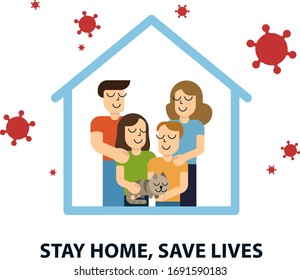 Stay at home awareness social media campaign and coronavirus prevention family smiling and staying together. Vector illustration