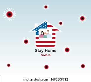 I stay at home, awareness social media campaign and coronavirus prevention, home with amerika flag, family, mask, icons, vector flat design
