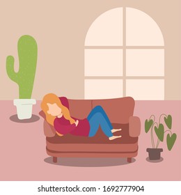 stay at home awareness social media campaign and coronavirus prevention, woman in the living room vector illustration design