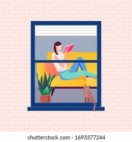  stay at home awareness social media campaign and coronavirus prevention. Fashionable isometric young girl, student, teenager reading a book on a comfortable sofa, on a tablet.  Fashionable isometric 