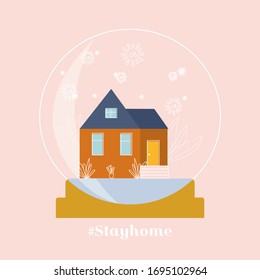 I stay at home awareness social media campaign and coronavirus prevention. Hashtag : stayhome. Poster with a house in a snow globe where instead of snow the bacteria are viruses covid-19