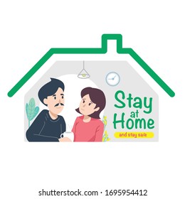 stay at home awareness social media campaign and coronavirus prevention. couple wearing black and pink t-shirt drinking. green grey home. flat design vector.