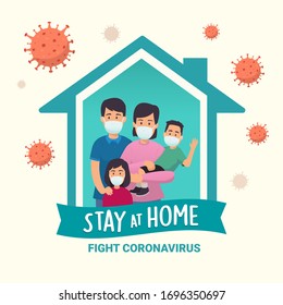 stay at home awareness social media campaign and coronavirus prevention: family smiling and staying together. vector illustration.