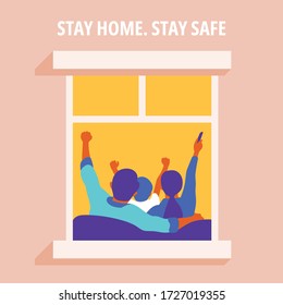 Stay at home awareness social media campaign and coronavirus prevention: family lived at home together happily