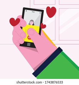 I stay at home awareness social media campaign. Vector illustration on pink background. Online love.