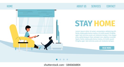 Stay home. Awareness social media campaign. Boy child staying at home watching tv show programm in living room. Health protection, coronavirus outbreak prevention way. Landing page design
