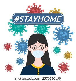 I stay at home awareness social media campaign and coronavirus prevention woman wearing a mask.