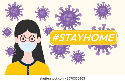 I stay at home awareness social media campaign and coronavirus prevention woman wearing a mask.