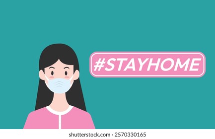 I stay at home awareness social media campaign and coronavirus prevention woman wearing a mask.