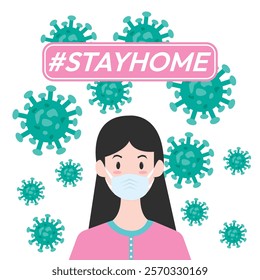 I stay at home awareness social media campaign and coronavirus prevention woman wearing a mask.