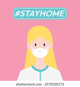 I stay at home awareness social media campaign and coronavirus prevention woman wearing a mask.