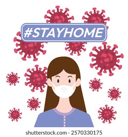 I stay at home awareness social media campaign and coronavirus prevention woman wearing a mask.