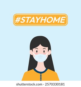 I stay at home awareness social media campaign and coronavirus prevention woman wearing a mask.