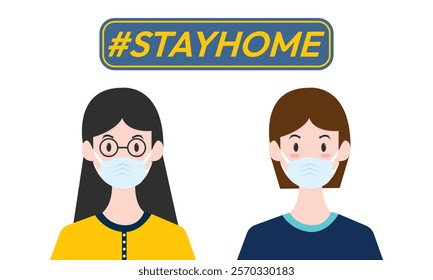 I stay at home awareness social media campaign and coronavirus prevention woman wearing a mask.