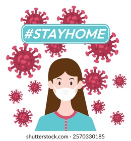 I stay at home awareness social media campaign and coronavirus prevention woman wearing a mask.