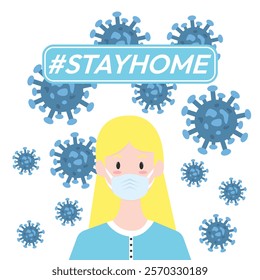 I stay at home awareness social media campaign and coronavirus prevention woman wearing a mask.