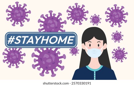 I stay at home awareness social media campaign and coronavirus prevention woman wearing a mask.