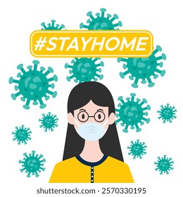 I stay at home awareness social media campaign and coronavirus prevention woman wearing a mask.