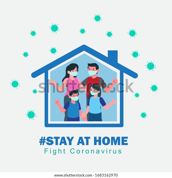 I stay at\
home awareness social media campaign and coronavirus prevention:\
family smiling and staying\
together