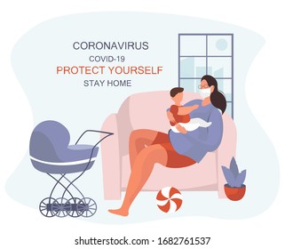 Stay Home with Baby.Protect Yourself.Girl keeping Distance for Decrease Infection Risk For Prevent Virus Covid-19.Stay Home on Quarantine During the Coronavirus Epidemic.Vector Illustration