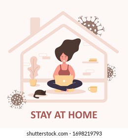 Stay at home background. Quarantine or self-isolation. Woman with laptop sitting home. Health care concept. Fears of getting coronavirus. Global viral epidemic or pandemic. Trendy flat illustration.