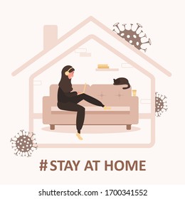 Stay home background. Quarantine or self-isolation. Arab girl in hijab with laptop sitting home. Health care concept. Fears of getting coronavirus. Global viral pandemic. Trendy flat illustration.