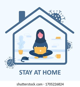 Stay home background. Quarantine or self-isolation. Arab girl in hijab with laptop sitting home. Health care concept. Fears of getting coronavirus. Global viral pandemic. Trendy flat illustration.