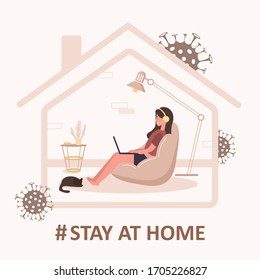 Stay at home background. Quarantine or self-isolation. Woman with laptop sitting home. Health care concept. Fears of getting coronavirus. Global viral epidemic or pandemic. Trendy flat illustration.