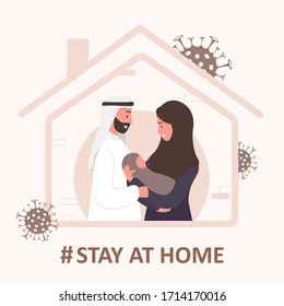 Stay home background. Quarantine or self-isolation. Arab family sitting home. Health care concept. Fears of getting coronavirus. Global viral pandemic. Trendy flat illustration.