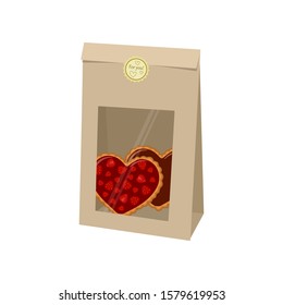 Stay Home. Bag of kraft paper with cookies on white background. Vector illustration