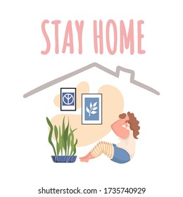 Stay home banner design. Young woman in sport clothes practicing sport exercises, doing workout during coronavirus outbreak vector flat cartoon illustration. Healthy lifestyle at home card concept.