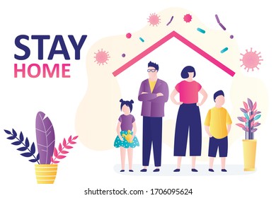 Stay home banner. Family at home, parents with kids. Quarantine or self-isolation. Health care concept. Fears of getting coronavirus. Global Covid-19 pandemic. Flat vector illustration